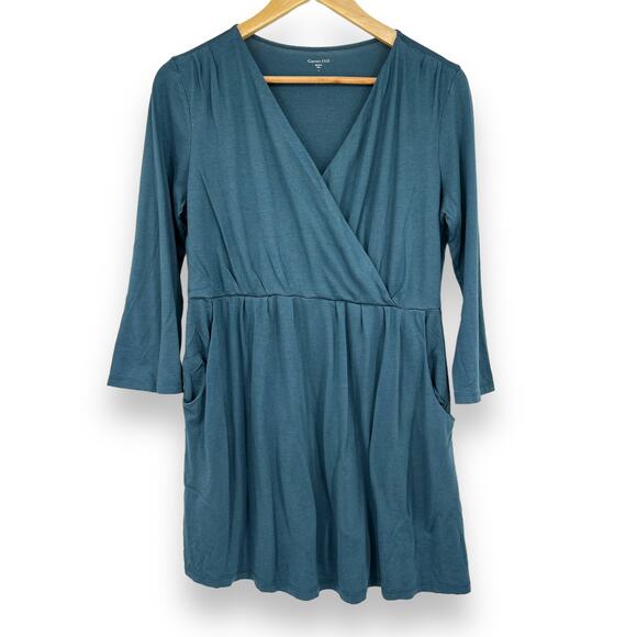 Garnet Hill 3/4 Sleeve Dress Faux Wrap Women's L Blue Pima Cotton Modal Soft - Picture 1 of 8